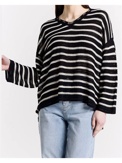 Maglia oversize a righe con scollo a V Met Met | M10 241MG-BLACK/BEIGE